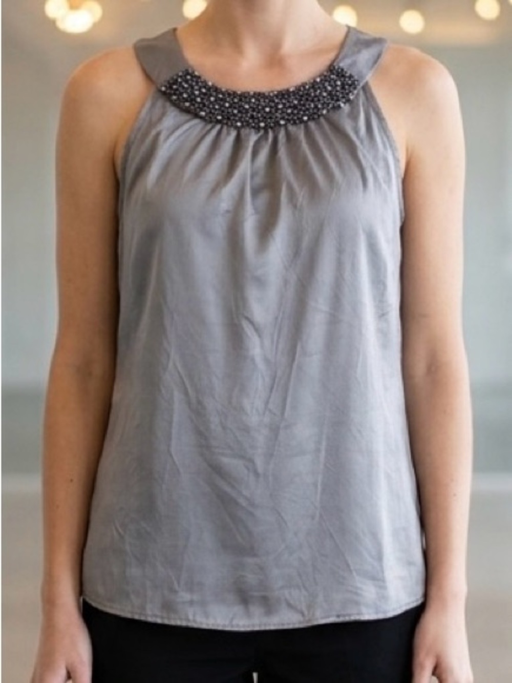 Maurices Silver Satin Beaded Scoop Neck Blouse Tank M EUC Slimming Pleated Top
